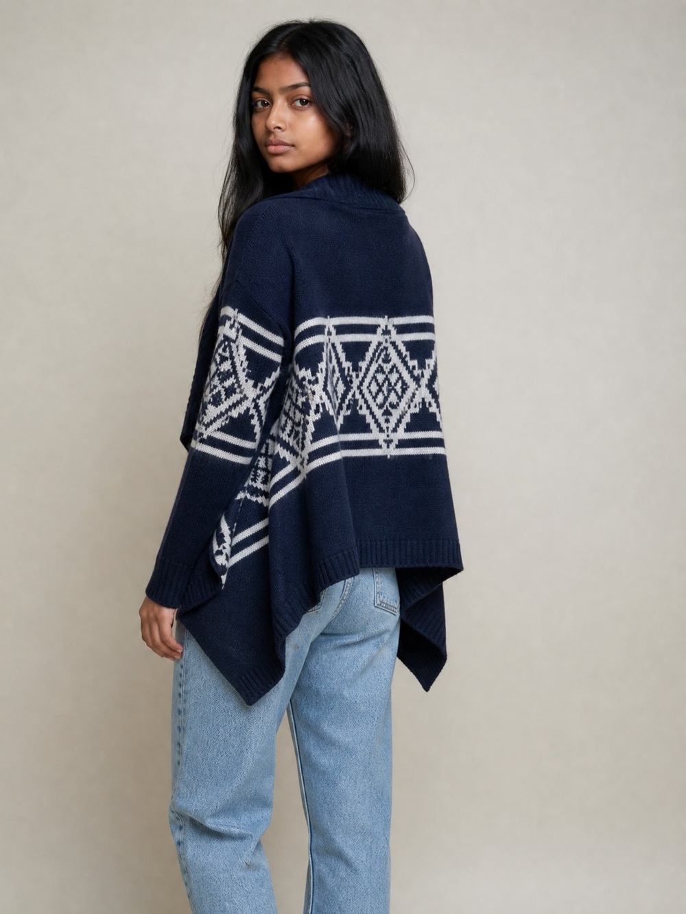 Love Stitch geometric/Aztec open cardigan. Size LG GUC Angora/wool/nylon blend